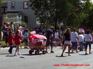 English Bulldog, Dozer, heading down the road in the Fourth of July parade.